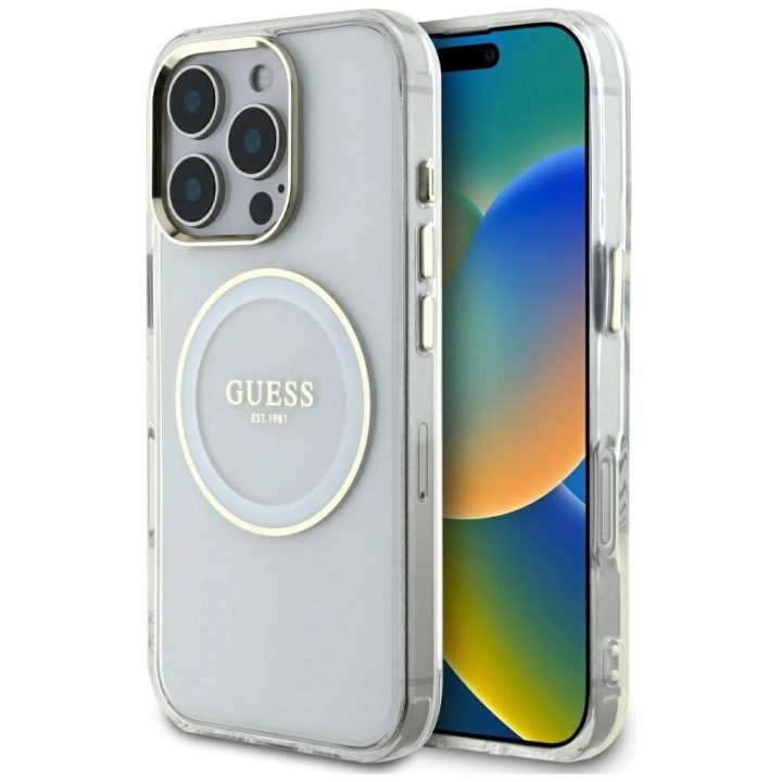 iPhone 16 Pro Max baltas MagSafe dėklas su logotipu Guess