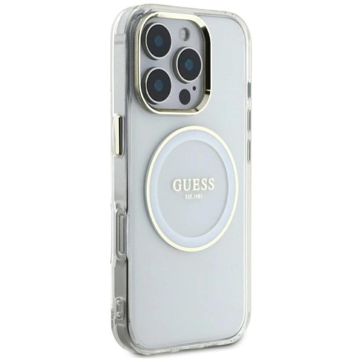 iPhone 16 Pro Max baltas MagSafe dėklas su logotipu Guess