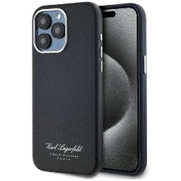 Juodas odinis iPhone 15 Pro dėklas su apsauga Karl Lagerfeld