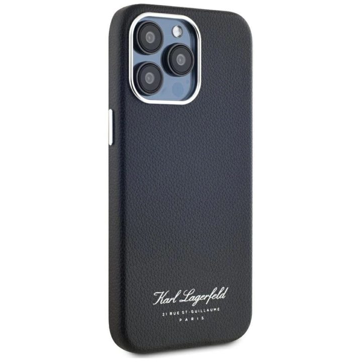 Juodas odinis iPhone 15 Pro dėklas su apsauga Karl Lagerfeld