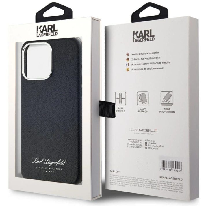 Juodas odinis iPhone 15 Pro dėklas su apsauga Karl Lagerfeld
