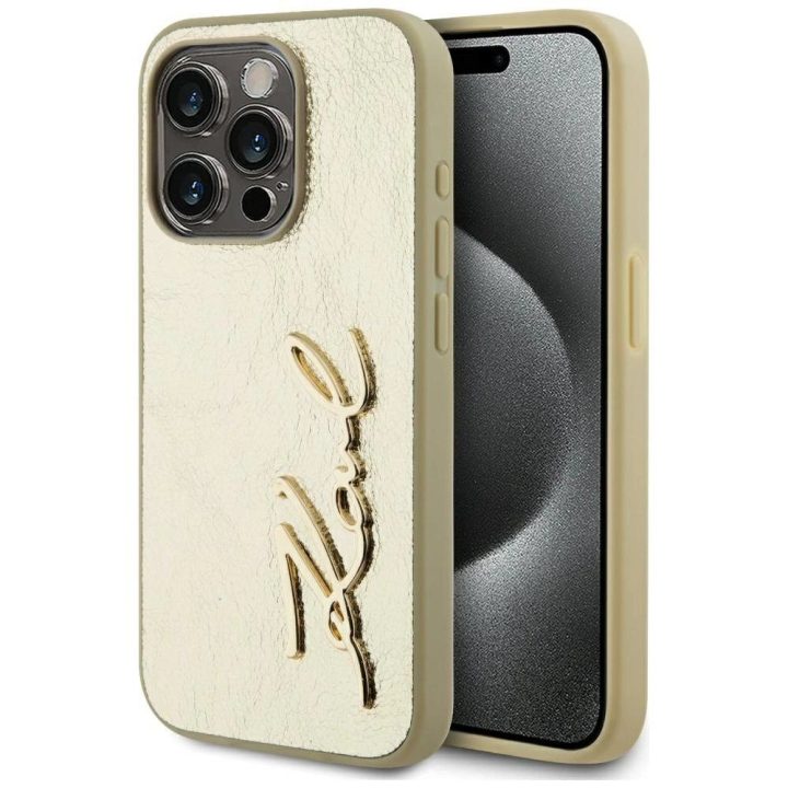 Auksinis telefonas dėklas iPhone 15 Pro su metaliniu paviršiumi Karl Lagerfeld