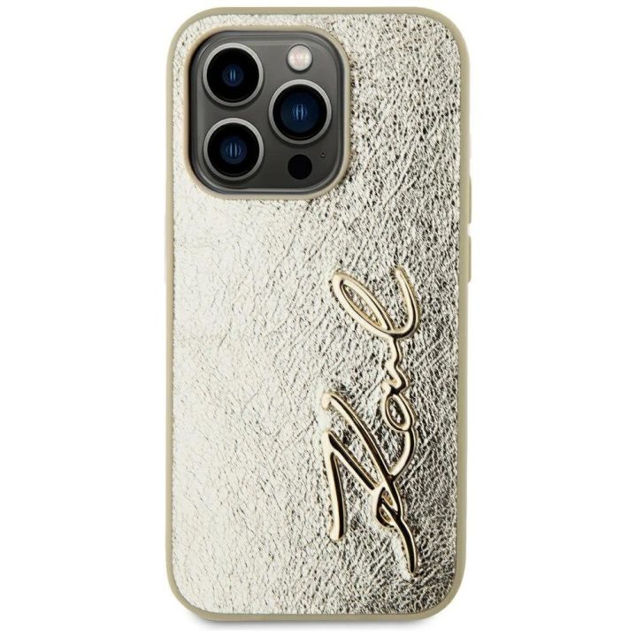 Auksinis telefonas dėklas iPhone 15 Pro su metaliniu paviršiumi Karl Lagerfeld