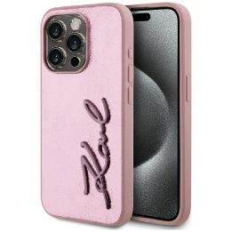 iPhone 15 Pro Max dėklas rožinis su metaliniu logotipu Karl Lagerfeld