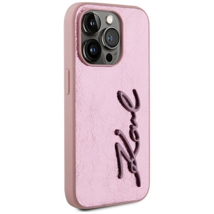 iPhone 15 Pro Max dėklas rožinis su metaliniu logotipu Karl Lagerfeld