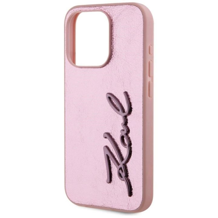 iPhone 15 Pro Max dėklas rožinis su metaliniu logotipu Karl Lagerfeld