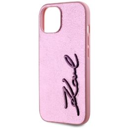 Rožinis silikoninis iPhone 15 dėklas su logotipu Karl Lagerfeld