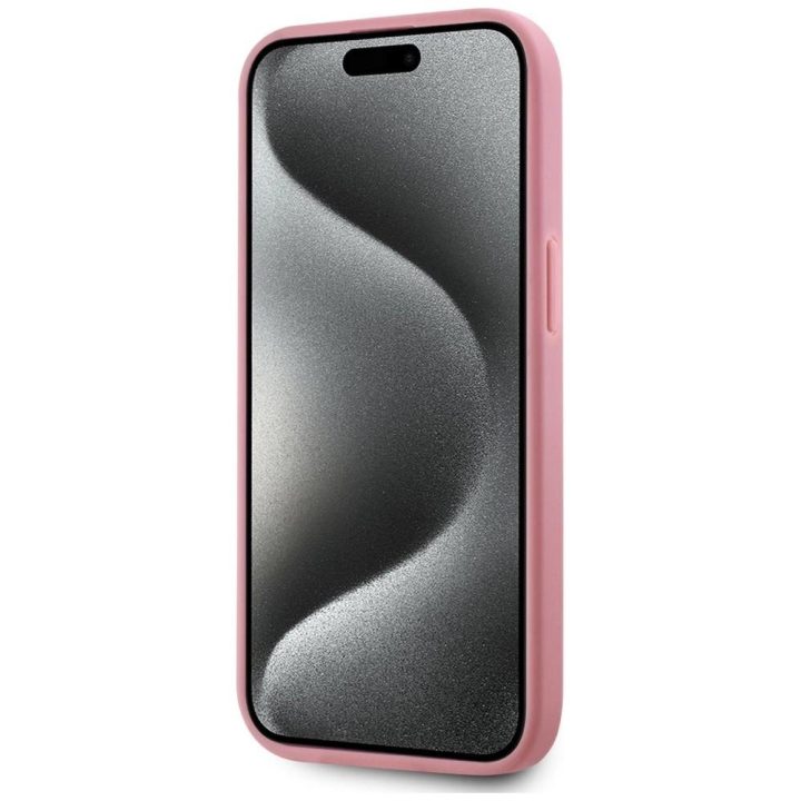 Rožinis silikoninis iPhone 15 dėklas su logotipu Karl Lagerfeld