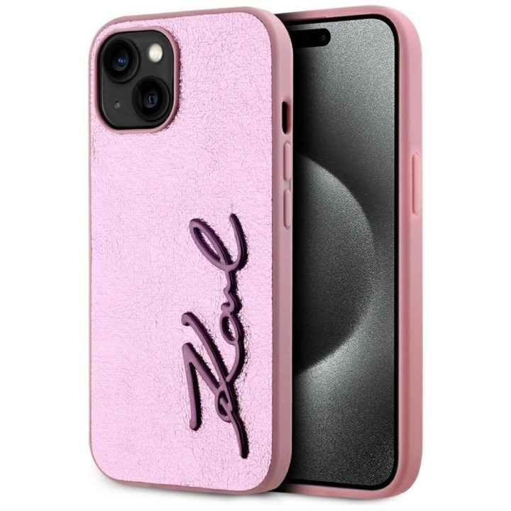 Rožinis silikoninis iPhone 15 dėklas su logotipu Karl Lagerfeld