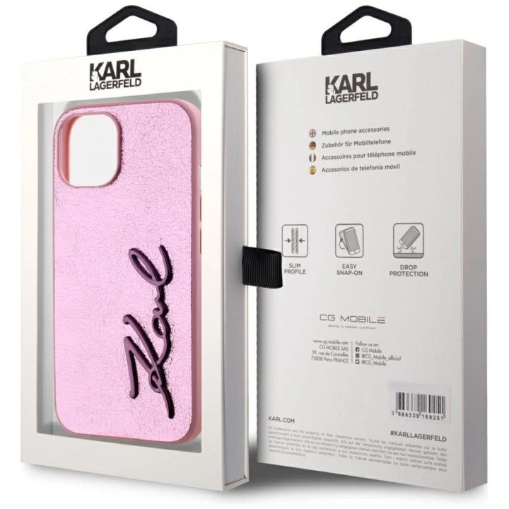 Rožinis silikoninis iPhone 15 dėklas su logotipu Karl Lagerfeld