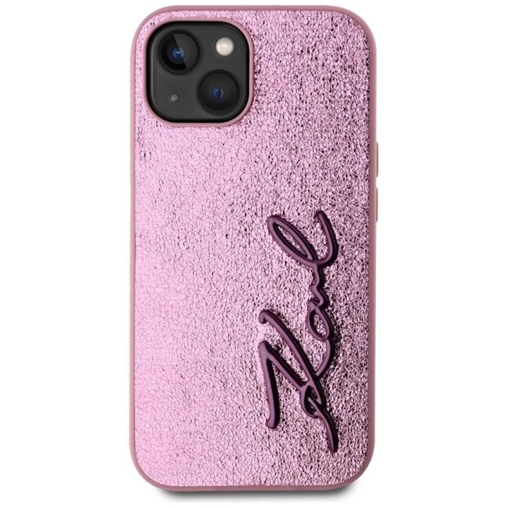 Rožinis silikoninis iPhone 15 dėklas su logotipu Karl Lagerfeld