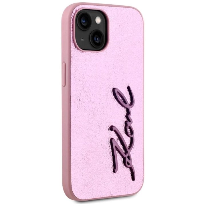 Rožinis silikoninis iPhone 15 dėklas su logotipu Karl Lagerfeld