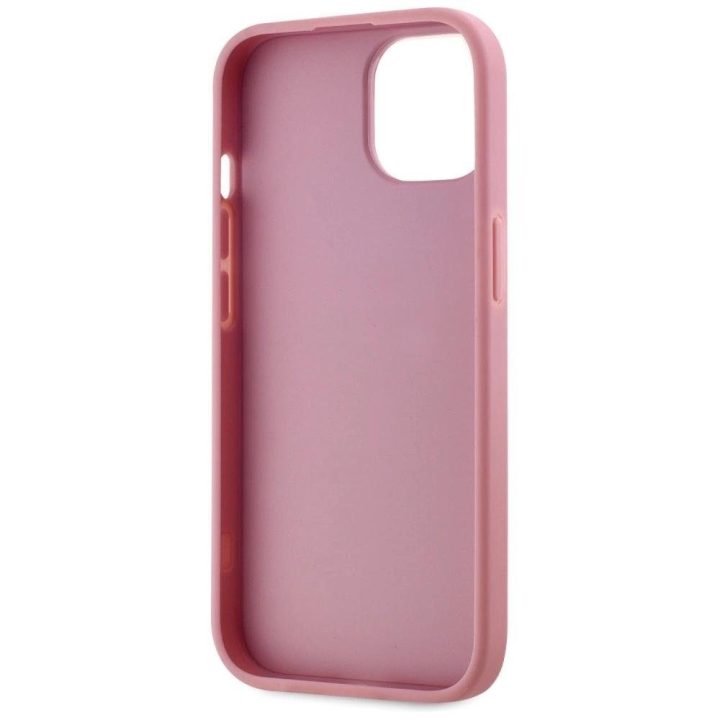 Rožinis silikoninis iPhone 15 dėklas su logotipu Karl Lagerfeld