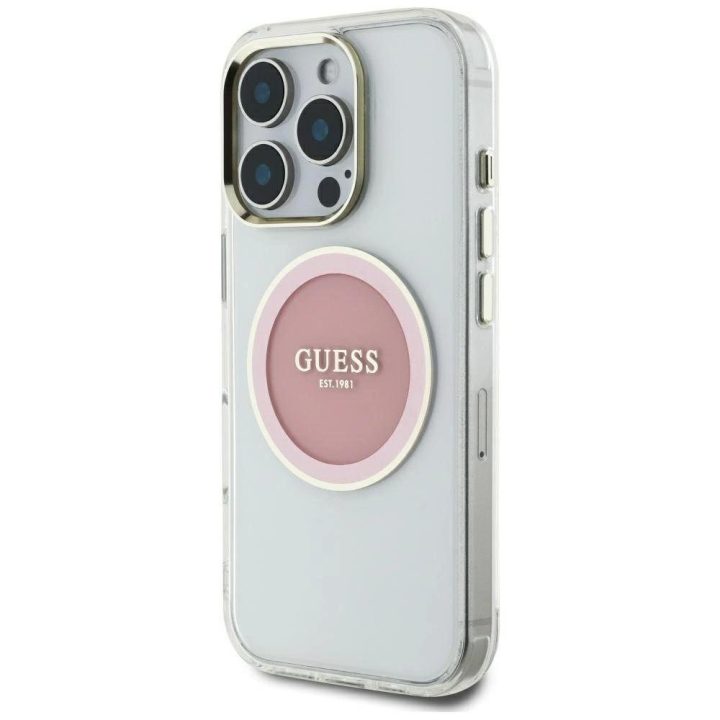 Skaidrus rožinis iPhone 16 Pro Max“ dėklas su MagSafe funkcija Guess