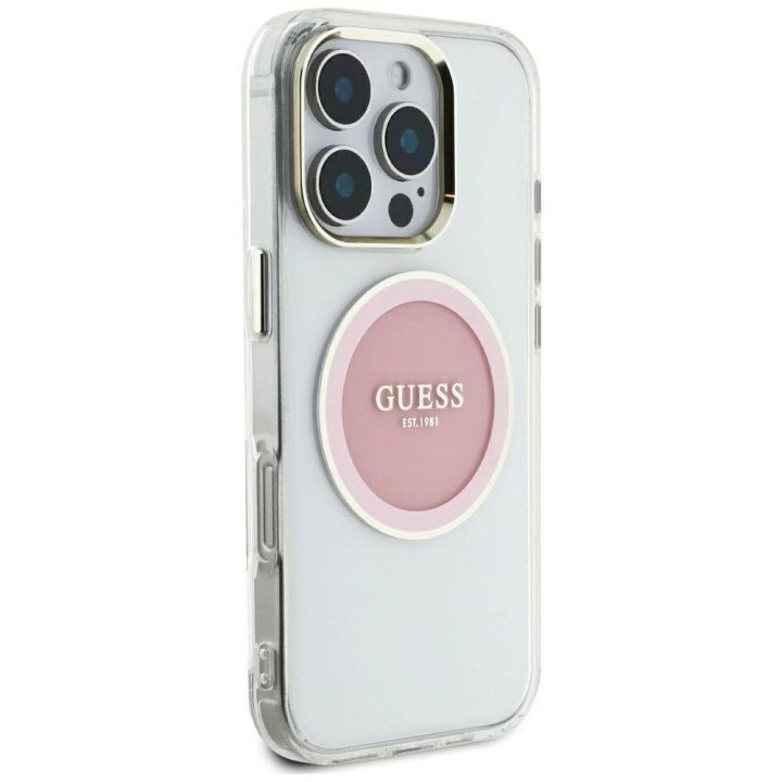 Skaidrus rožinis iPhone 16 Pro Max“ dėklas su MagSafe funkcija Guess