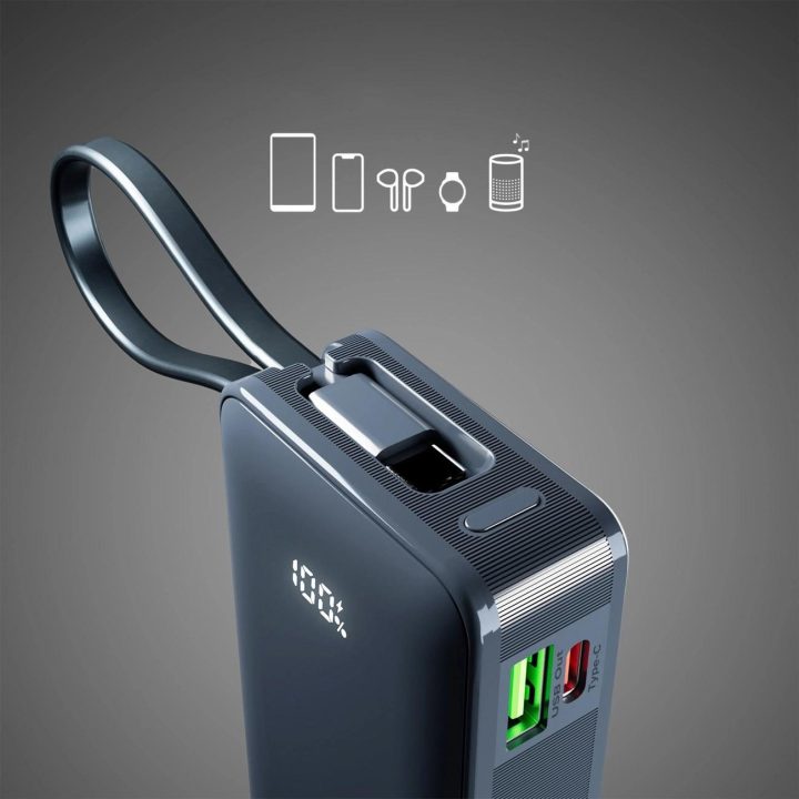 Išorinė baterija 10000 mAh su USB-C laidu ir ekranu SBS – tamsiai pilka
