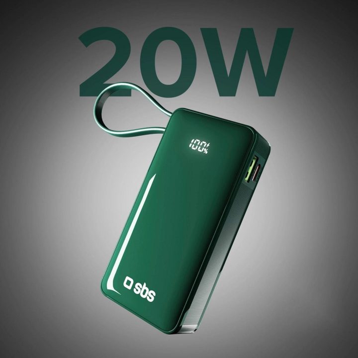 Išorinė baterija 10000 mAh žalia su USB-C laidu ir ekranu SBS