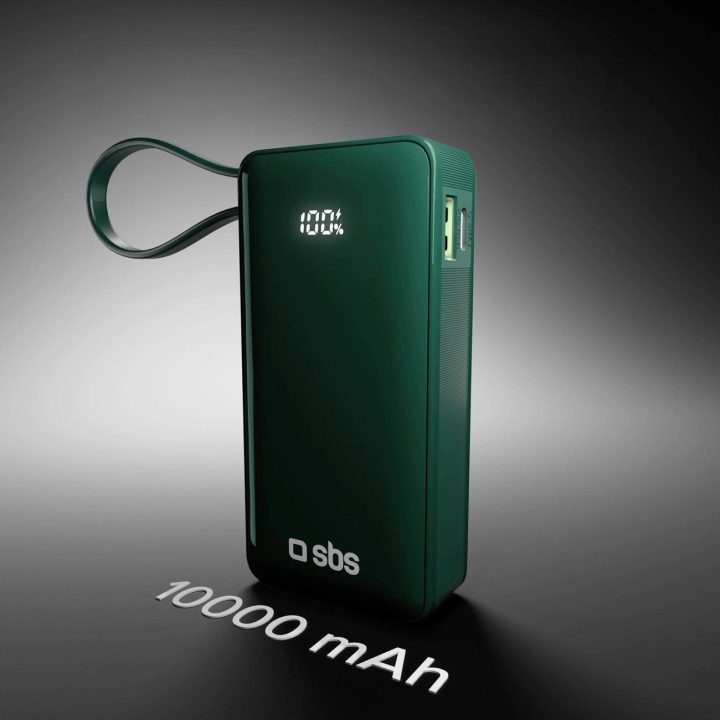Išorinė baterija 10000 mAh žalia su USB-C laidu ir ekranu SBS