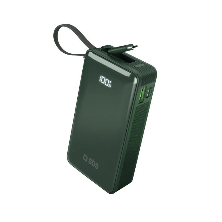 Išorinė baterija 10000 mAh žalia su USB-C laidu ir ekranu SBS