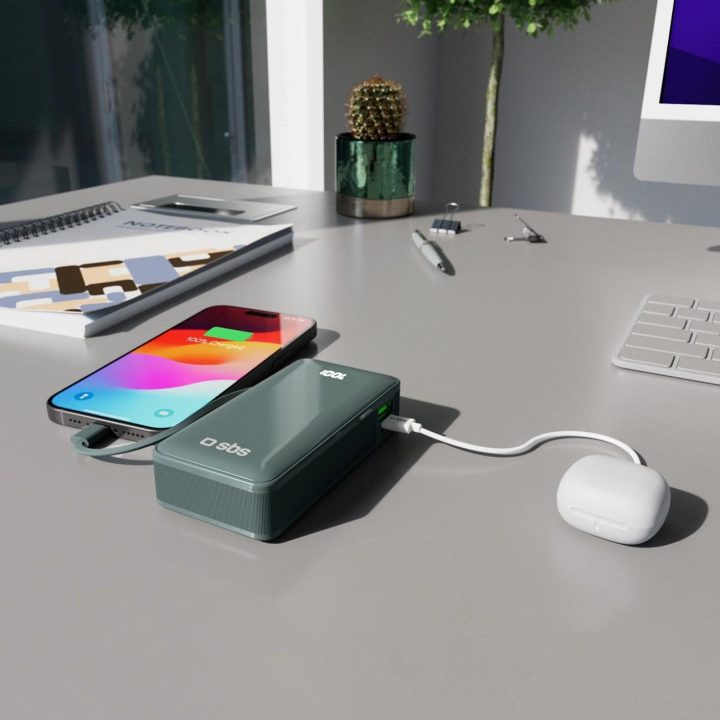Išorinė baterija pilka 10000 mAh su USB-C laidu ir ekranu SBS