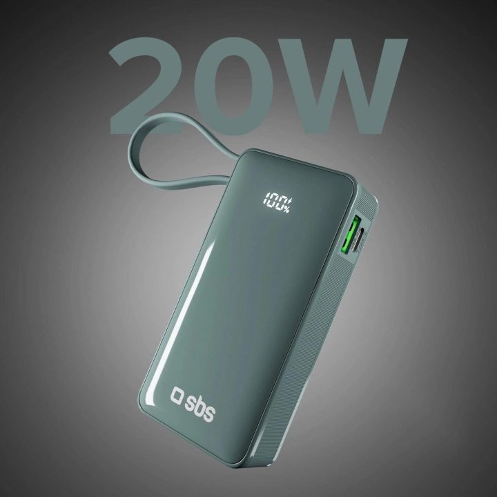 Išorinė baterija pilka 10000 mAh su USB-C laidu ir ekranu SBS
