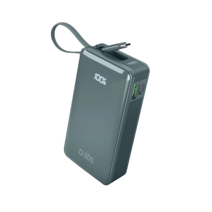 Išorinė baterija pilka 10000 mAh su USB-C laidu ir ekranu SBS