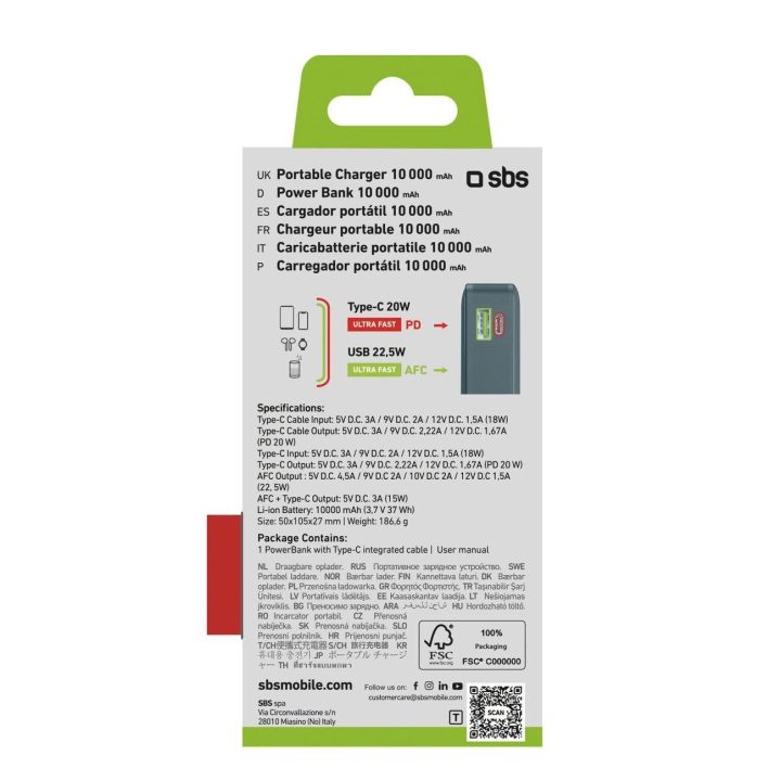 Išorinė baterija pilka 10000 mAh su USB-C laidu ir ekranu SBS