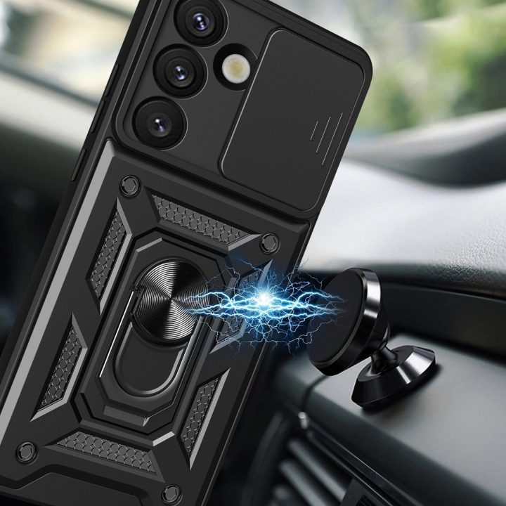 Dėklas telefonui su stovu ir kameros dangteliu Infinix Note 50 Pro – juodas, atsparus smūgiams