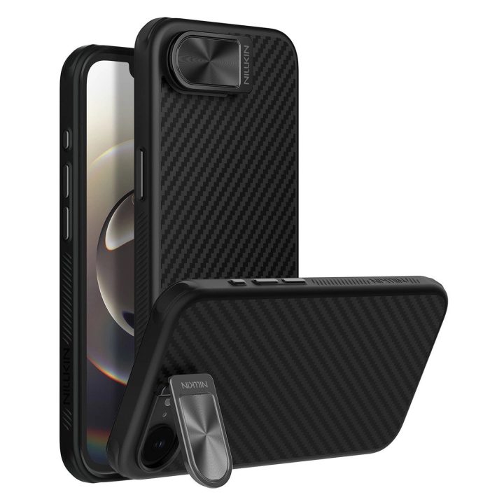 Juodas magnetinis telefono dėklas su kameros apsauga ir stovu iPhone 16e Nillkin