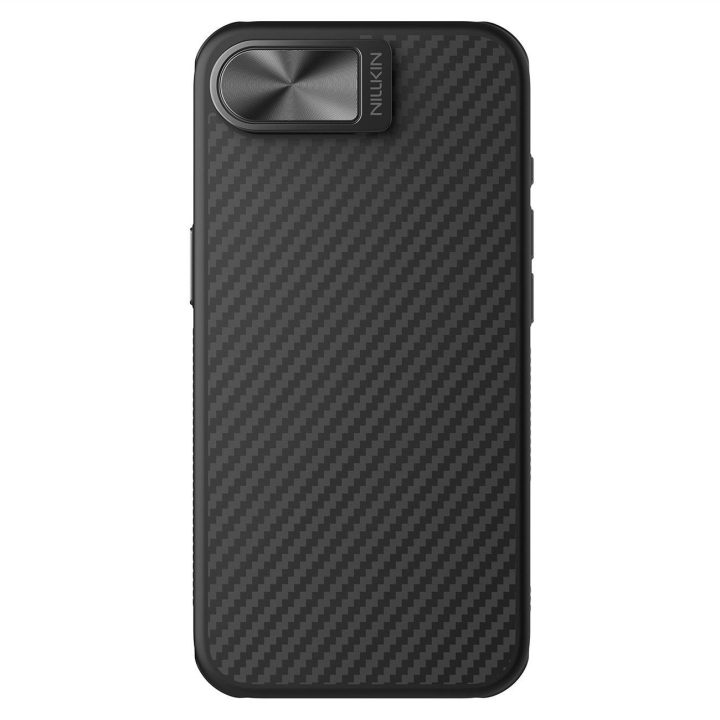 Juodas magnetinis telefono dėklas su kameros apsauga ir stovu iPhone 16e Nillkin