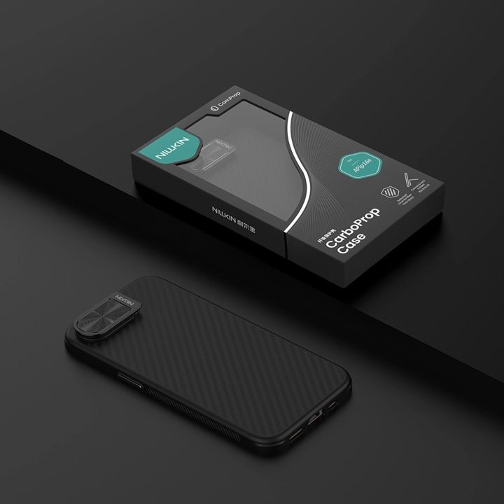 Juodas magnetinis telefono dėklas su kameros apsauga ir stovu iPhone 16e Nillkin