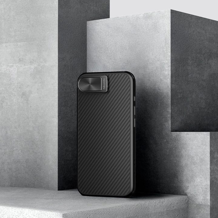 Juodas magnetinis telefono dėklas su kameros apsauga ir stovu iPhone 16e Nillkin