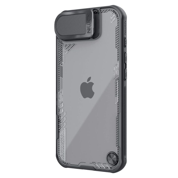 Juodas telefono dėklas su lęšio dangteliu ir stovu iPhone 16e Nillkin