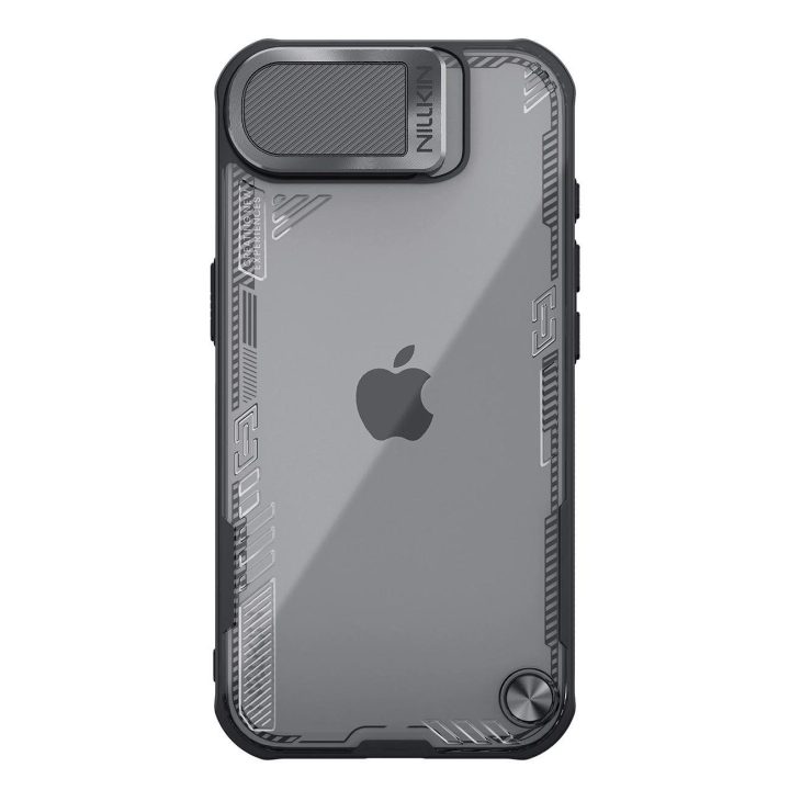 Juodas telefono dėklas su lęšio dangteliu ir stovu iPhone 16e Nillkin