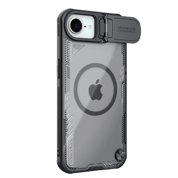 Apsauginis juodas dėklas su lęšio dangteliu ir stovu iPhone 16e Nillkin