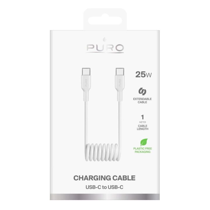 Spiralinio tipo baltas USB-C į USB-C įkrovimo laidas 25W 1m Puro