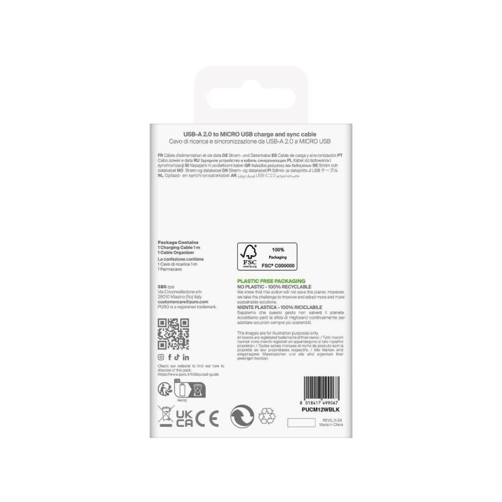Įkrovimo laidas juodas USB-A į microUSB 1 m TPE Puro
