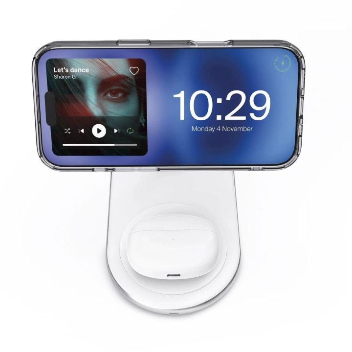 Belaidė įkrovimo stotelė telefonui ir ausinėms, balta, Puro