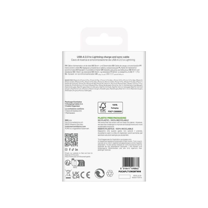 Įkrovimo laidas baltas TPE USB–Lightning 2 m Puro