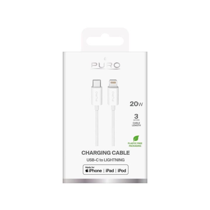 Įkrovimo laidas baltas 3 m USB-C į Lightning 20W Puro