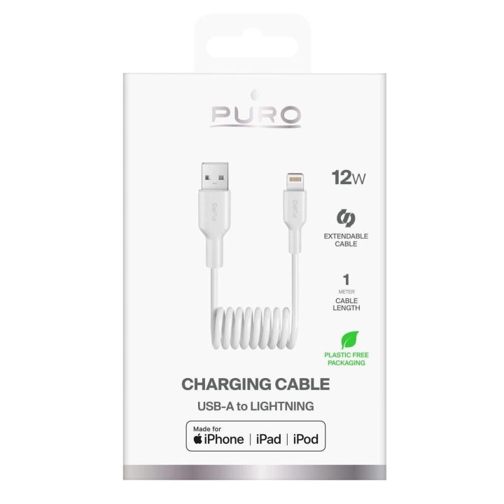 Įkrovimo laidas baltas spiralinis USB–Lightning 1m Puro