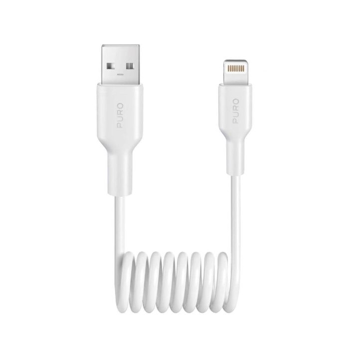 Įkrovimo laidas baltas spiralinis USB–Lightning 1m Puro