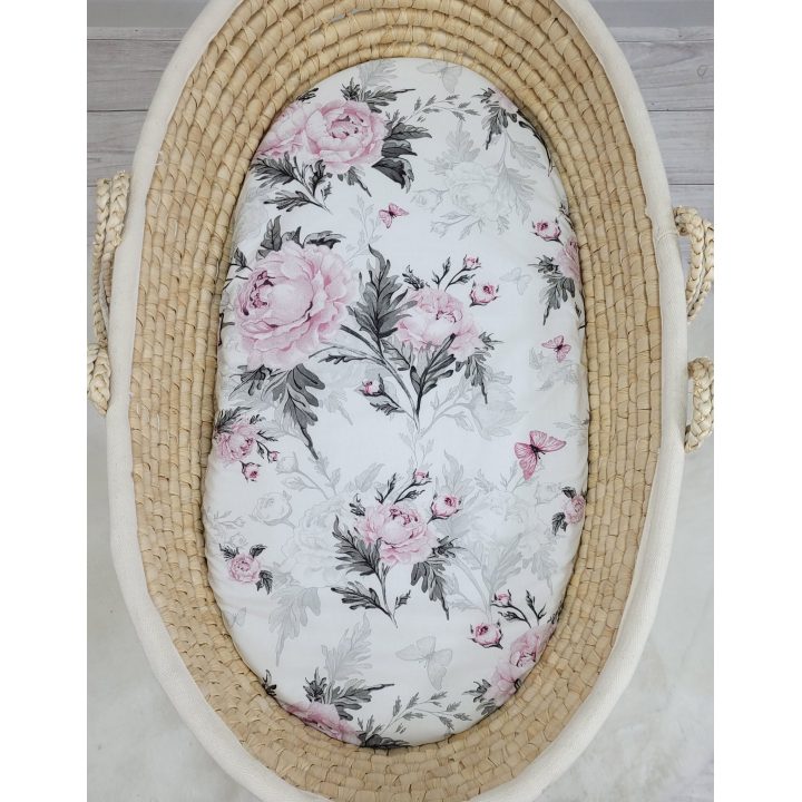Paklodė kūdikių lopšiui 75x35 cm su medvilne ir rožinėmis bijūnų gėlėmis