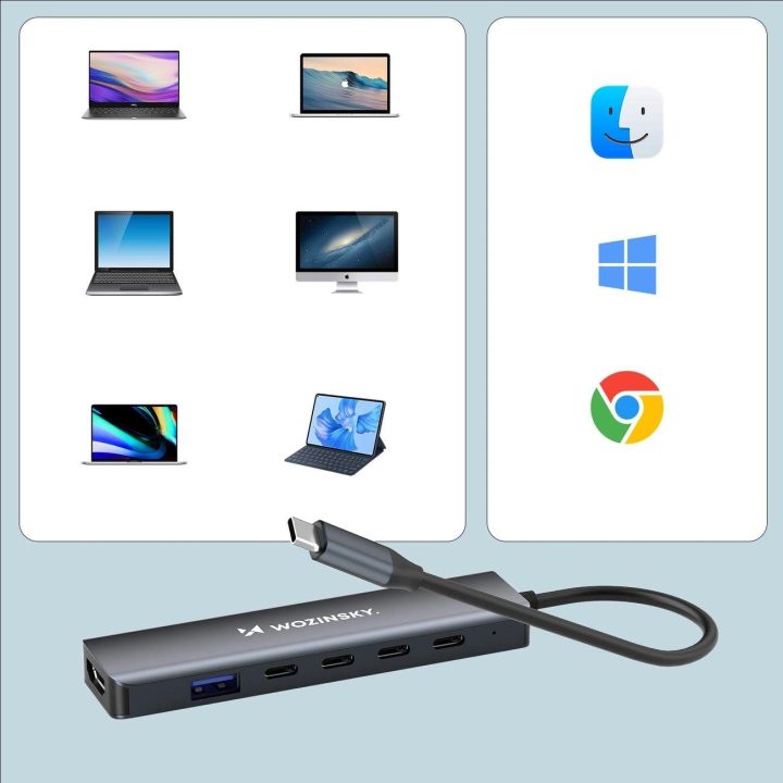 USB-C šakotuvas pilkas aliuminis 6 jungčių su laidu 25 cm