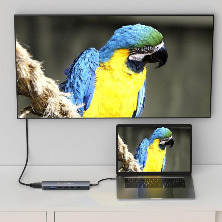 USB-C šakotuvas pilkas aliuminis 6 jungčių su laidu 25 cm