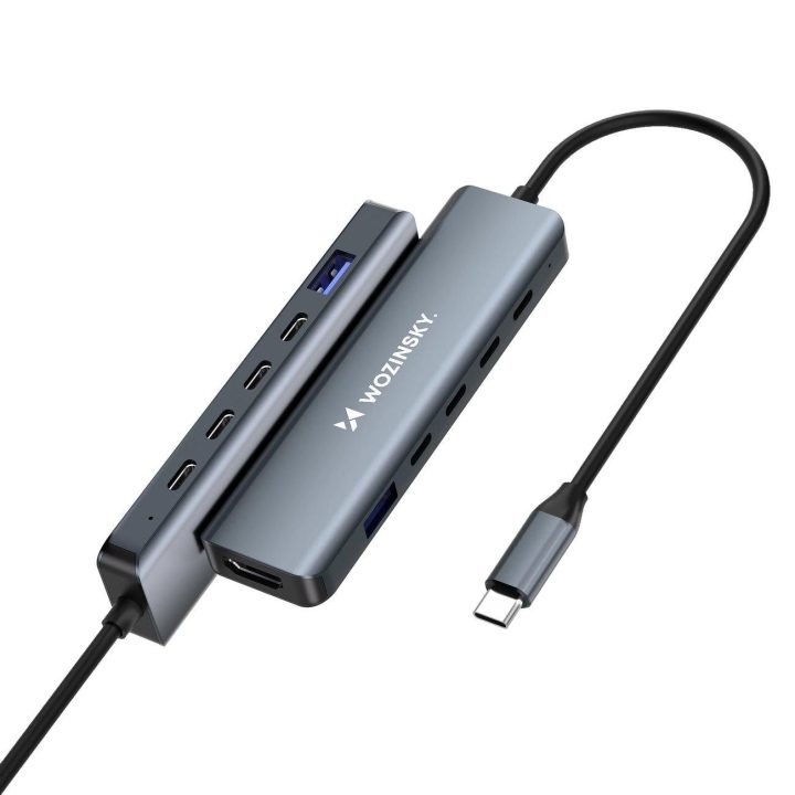 USB-C šakotuvas pilkas aliuminis 6 jungčių su laidu 25 cm