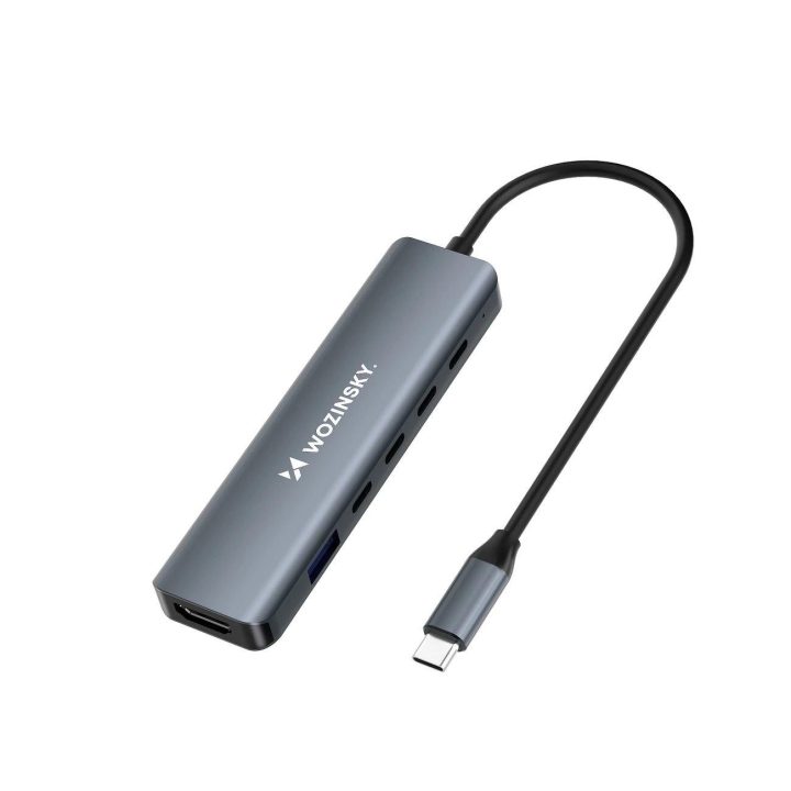 USB-C šakotuvas pilkas aliuminis 6 jungčių su laidu 25 cm