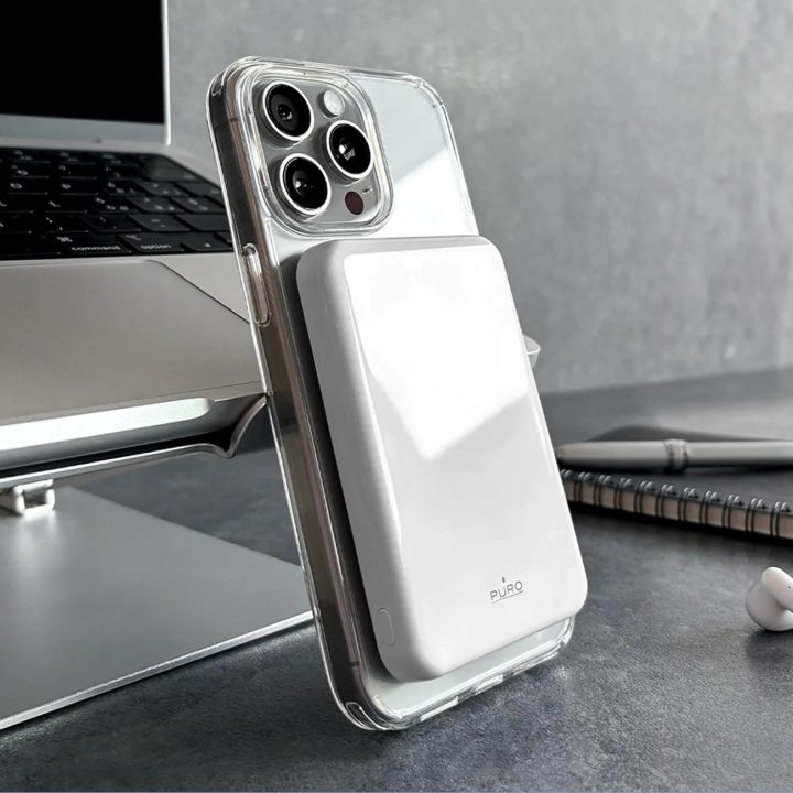 Išorinė baterija balta magnetinė belaidė 5000mAh su USB-C Puro