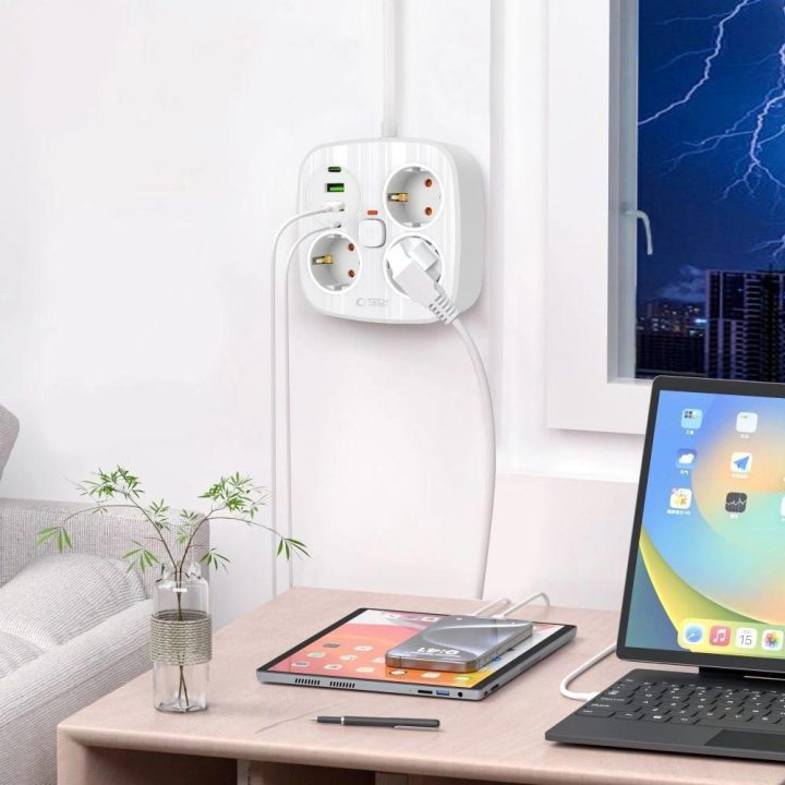 Maitinimo lizdas su USB, baltas, 3 kištukai ir 4 USB, 2 m laidu