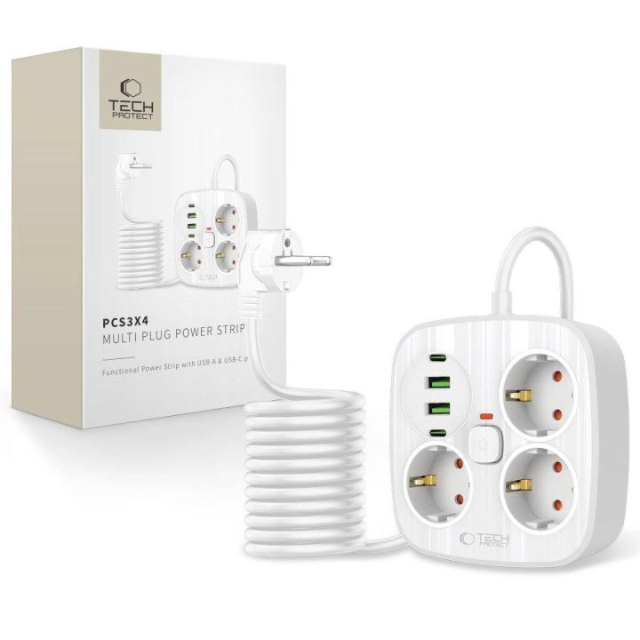 Maitinimo lizdas su USB, baltas, 3 kištukai ir 4 USB, 2 m laidu